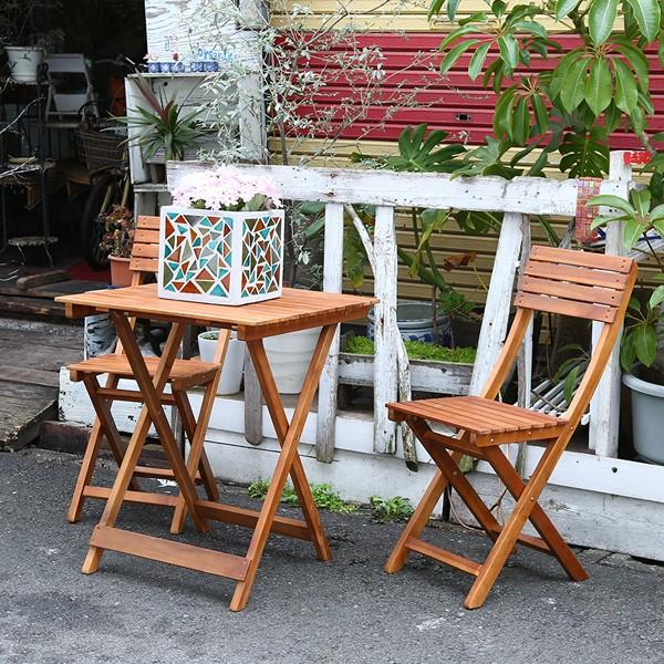 ガーデンテーブルセット 3点 折り畳み 折りたたみ式 木製 天然木