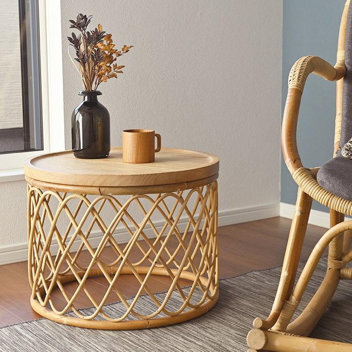 サイドテーブル 丸 50 完成品 円形 ラタン チーク 幅50cm 高さ40cm 籐