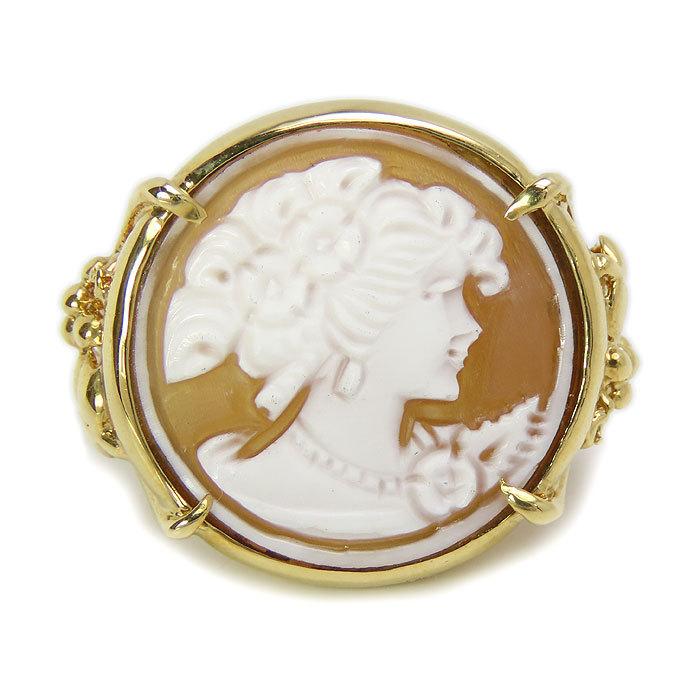 送料無料 K18 シェル カメオ リング 11号 鑑別書付 貴婦人の横顔 葡萄