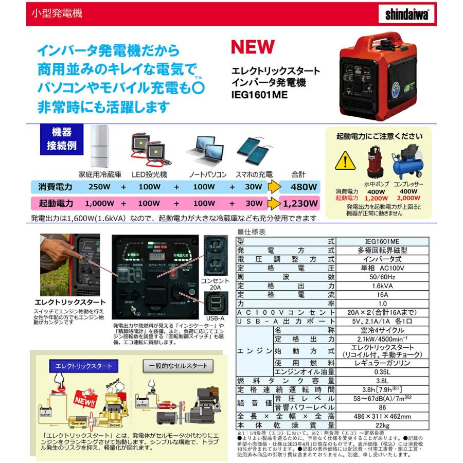 やまびこ 送料無料 発電機 新ダイワ IEG1601ME インバーター 発電機