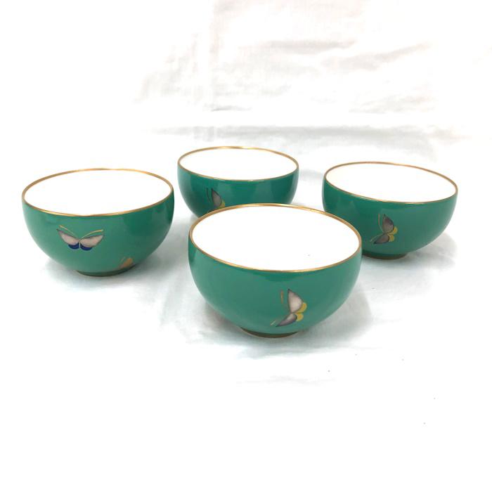 1882 香蘭社瑠璃鶴亀湯呑蓋付5客金彩未使用