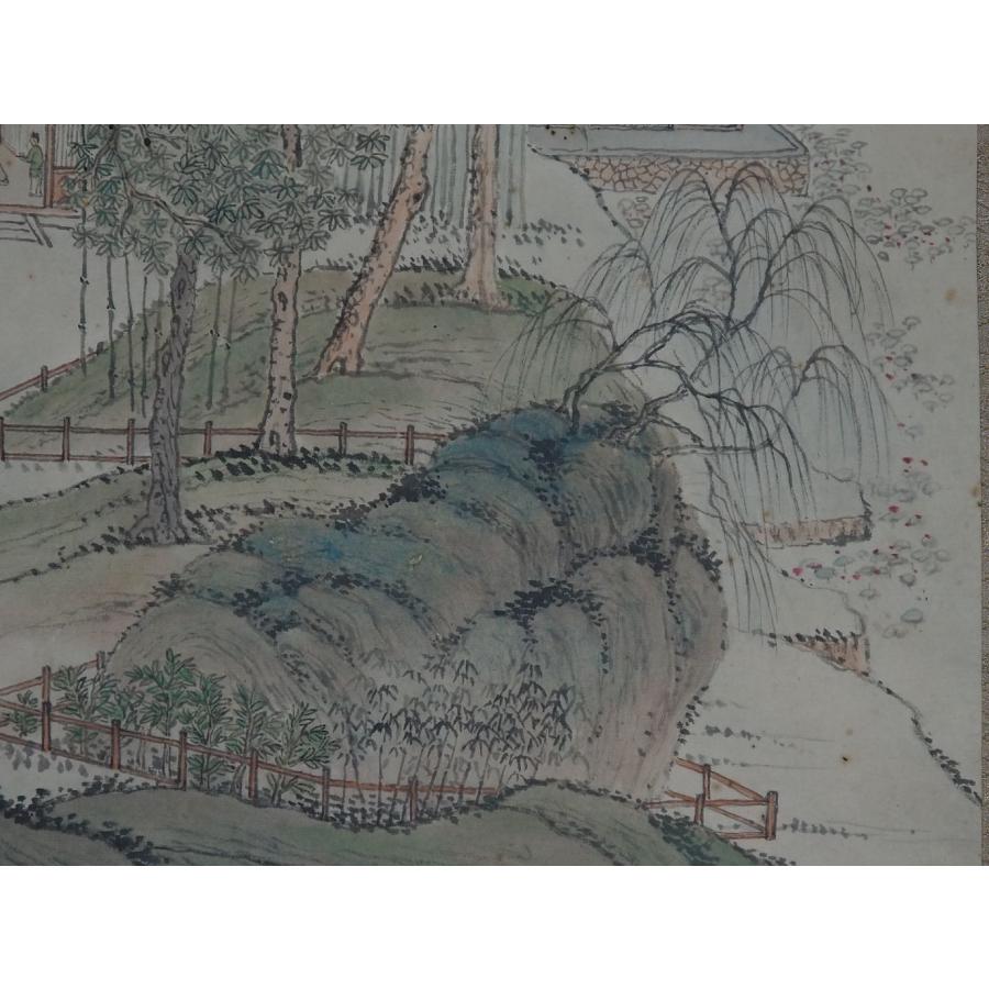 真作】 掛け軸 謝友生 中国 【彩色山水図】 ≪倣恵崇 水村図≫ 清時代