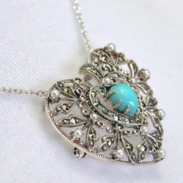 碌山 925 トルコ石 シードパール マーカサイト ブローチ ペンダント