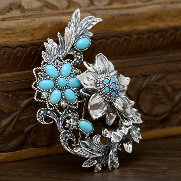 碌山 ターコイズ オパール アカンサスとフラワー ブローチペンダント