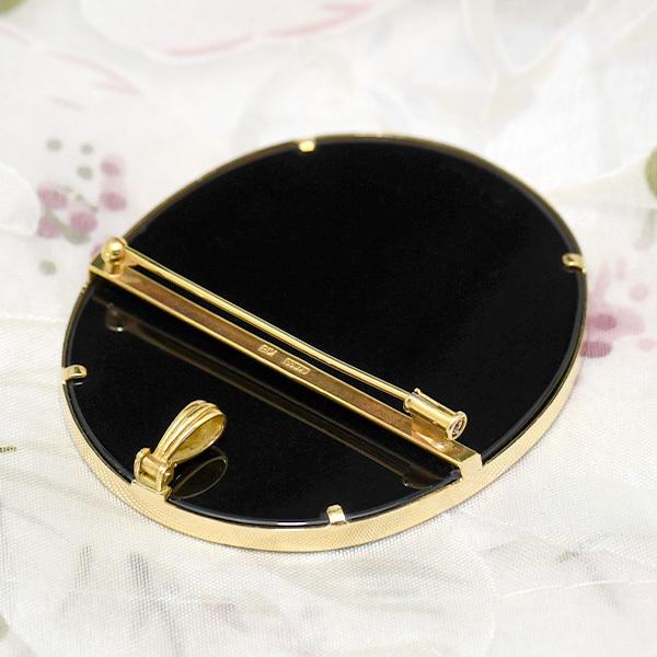 ヤシの木 アンティーク 18金刻印あり 非加熱黒瑪瑙のカメオブローチ 青