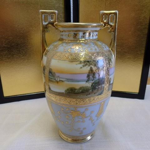 オールドノリタケ（ニッポン印）両手付薔薇花瓶 オールドノリタケ両手