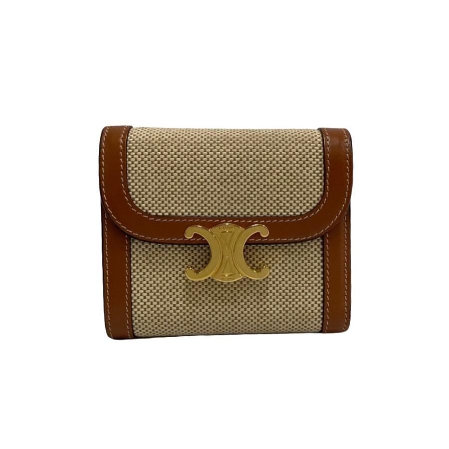 セリーヌベージュ レザー 三つ折り財布 ゴールド金具