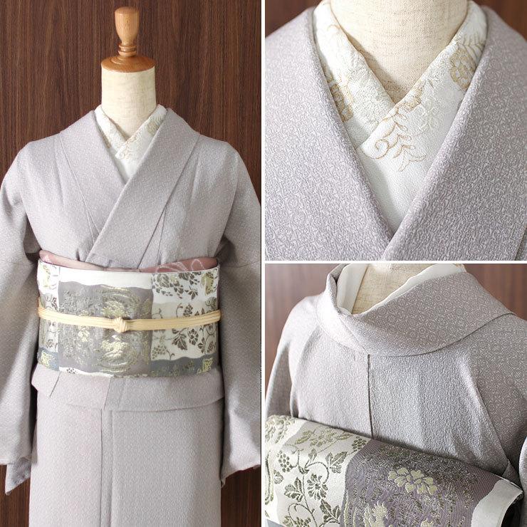 洗える 着物 江戸小紋 袷 段違い市松 白鼠色 M L サイズ 日本製