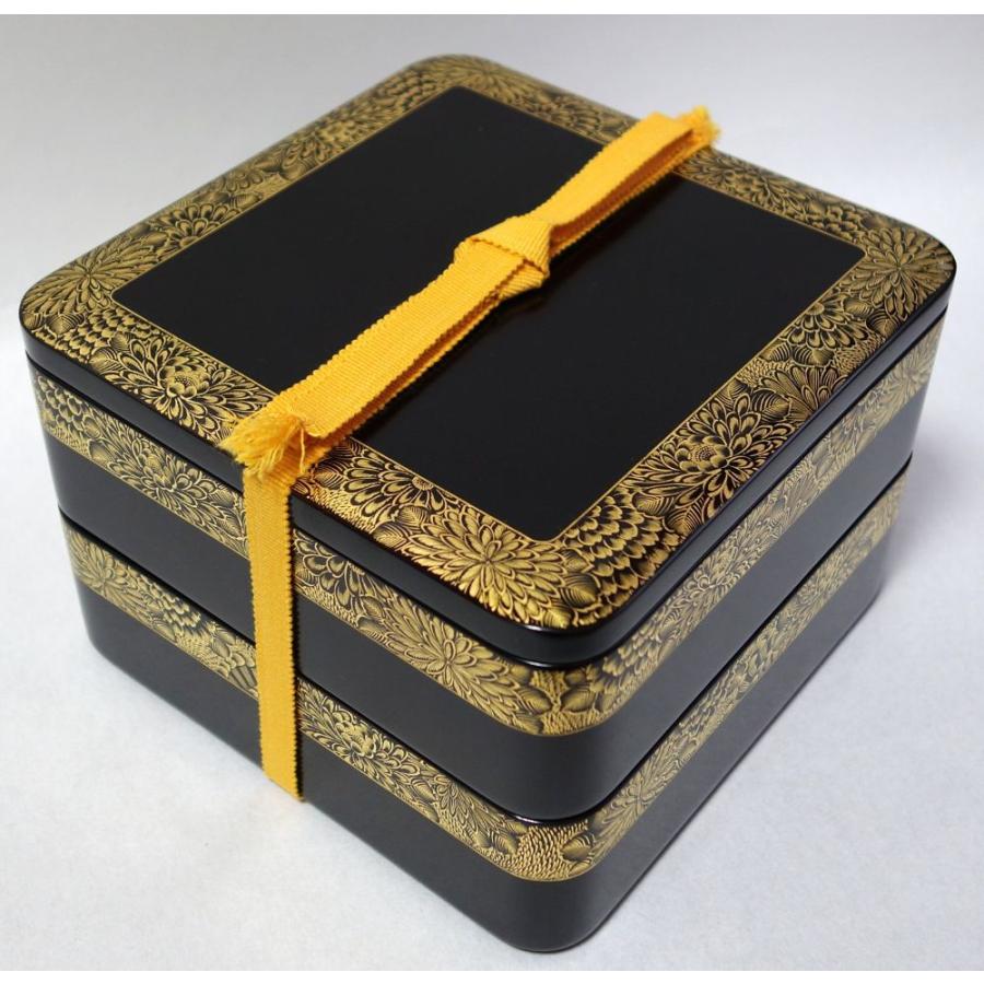 輪島塗 未使用 沈金菊文様 二段重箱 慶塚漆器工房 高級輪島塗 真塗重箱