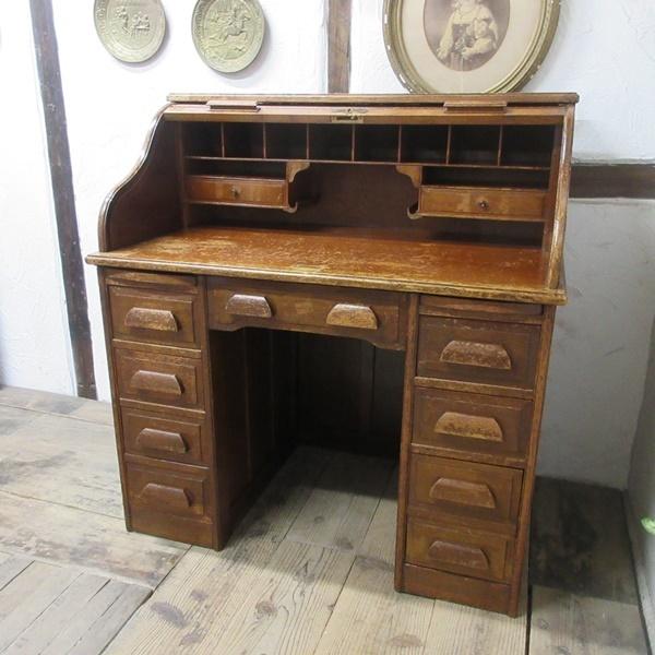 イギリス アンティーク 家具 ロールトップ デスク 机 作業台 収納 木製