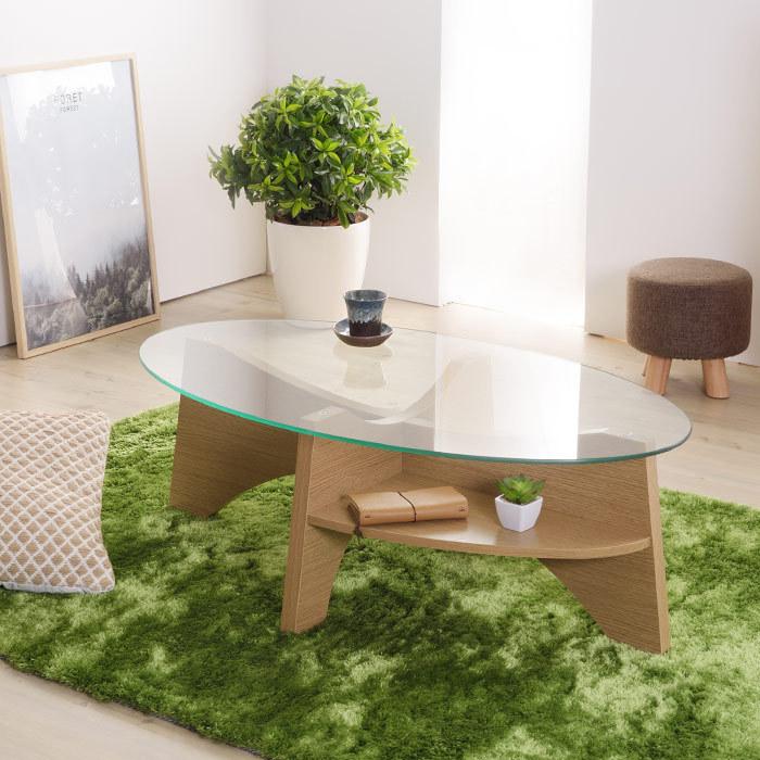 楕円形ガラステーブル ローテーブル 幅105cm 収納棚付き ラック付き le