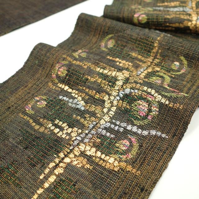 I56厳選西陣すくい織横段紋濃鼠色地六通正絹純金糸高級美術袋帯