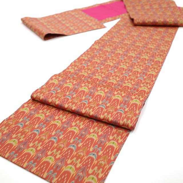 龍村美術織物 開き名古屋帯 全通 西陣 二重太鼓仕立 丹色 七曜太子