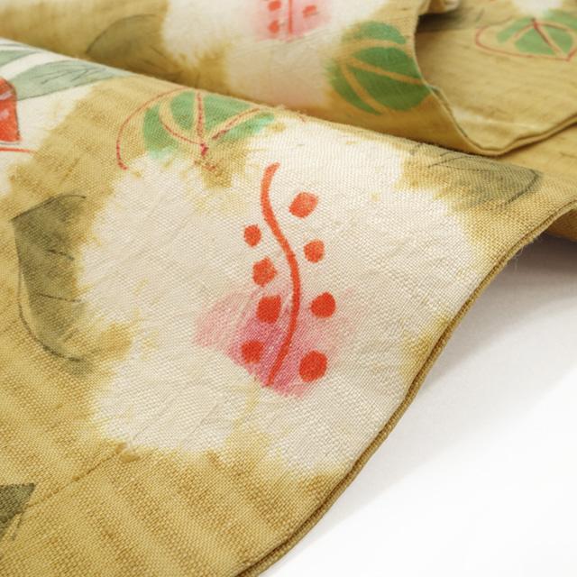 名古屋帯 九寸 鈴木紀絵 型絵染 絞り 紬 正絹 全通 手染め 黄茶地 花