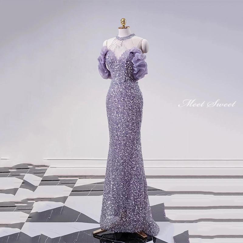 高級 コンテストドレス マーメイド/パーティ/スパンコール 紫