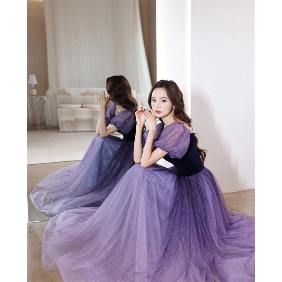 カラードレス 編み上げ パープル 半袖 パフスリーブ パーティードレス