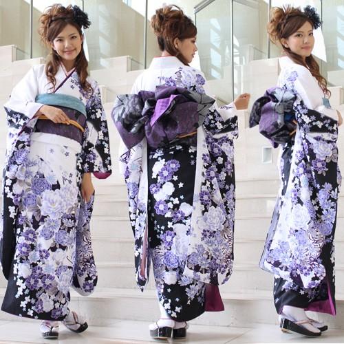 振袖 レンタル 成人式 セット 20点フルセット 「白 紺 青 紫 牡丹 蝶