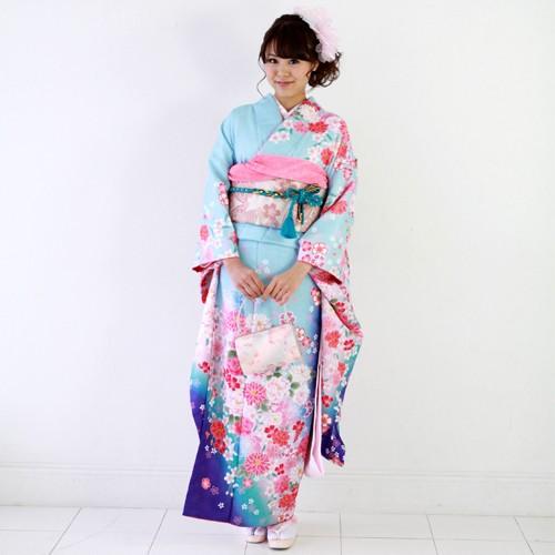 振袖 レンタル 成人式 セット 20点フルセット 「青 水色 ピンク 牡丹