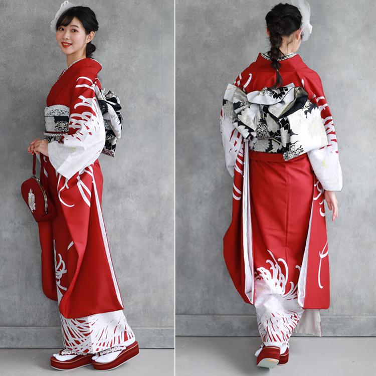 赤無地振り袖+袋帯2点セット レンタル落ち 振袖セット赤無地黒レース帯