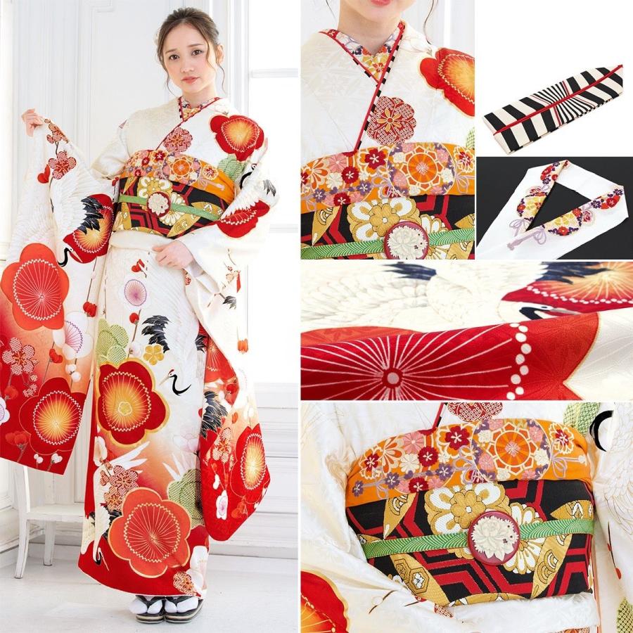 振袖セット 白系 赤 金色 梅 花 鶴 絵羽柄 正絹 日本の絹 西陣織