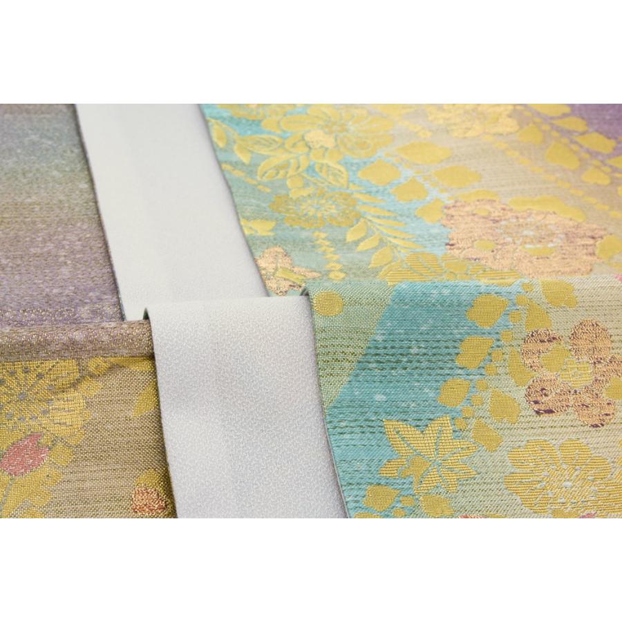 未仕立て】袋帯 振袖用 紫 パープル 金 ゴールド 緑 グラデーション 花