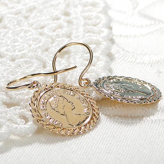 K18YG エリザベス二世 コイン型 フック ブラ ピアス 送料無料 18金 K18