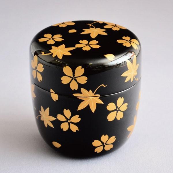 茶道具 棗 筑城筑良作 黒塗 雲錦蒔絵 中棗 木製・本漆塗・塗合口