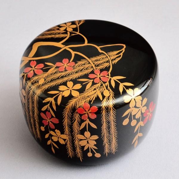 茶道具 棗 筑城筑良作 柳桜蒔絵 大平棗 木製・本漆塗・切合口 : 茶道具