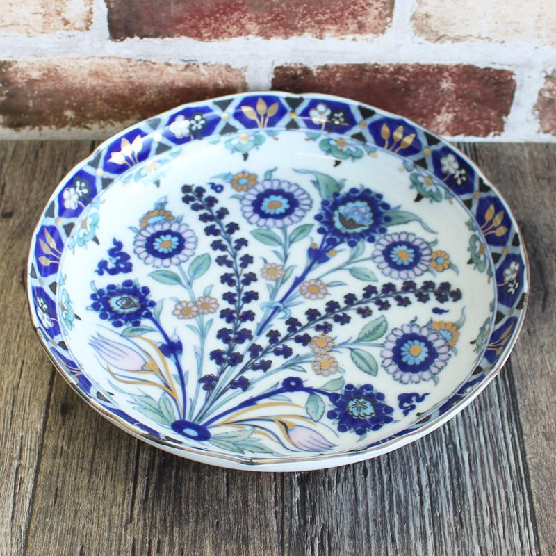 大皿 トルコ IZNIK 飾り皿 青い花柄 高級食器 イズニック陶芸 金彩 上