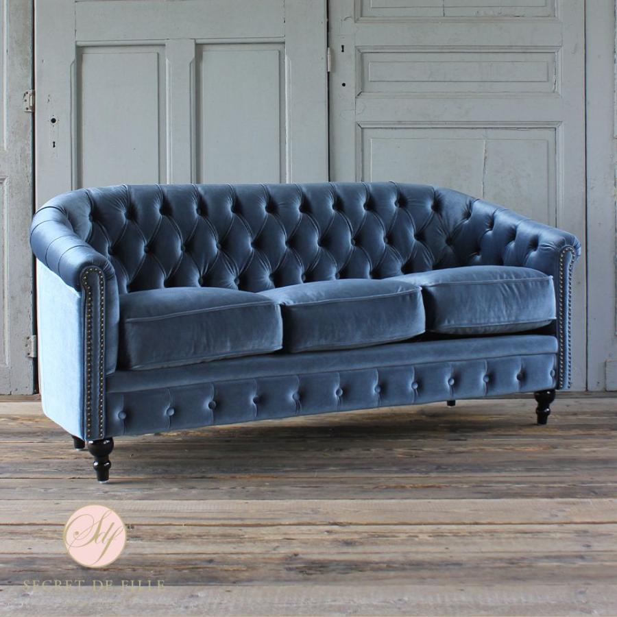 ヨーロッパアンティーク3人掛けソファボタン絞りベルベットソファ