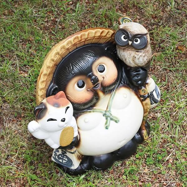 信楽焼 11号ふくろう招き猫持ち狸 たぬき タヌキ 狸 開運 縁起物