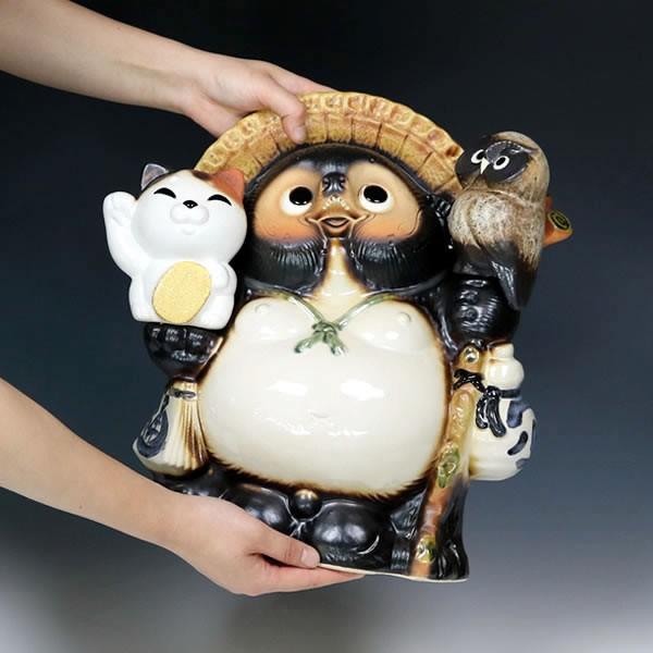 信楽焼 11号ふくろう招き猫持ち狸 たぬき タヌキ 狸 開運 縁起物