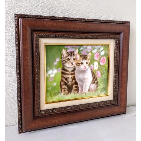 絵画インテリア 額付( 黒 ) 油絵 F3-030919 可愛い子犬子猫と女の子