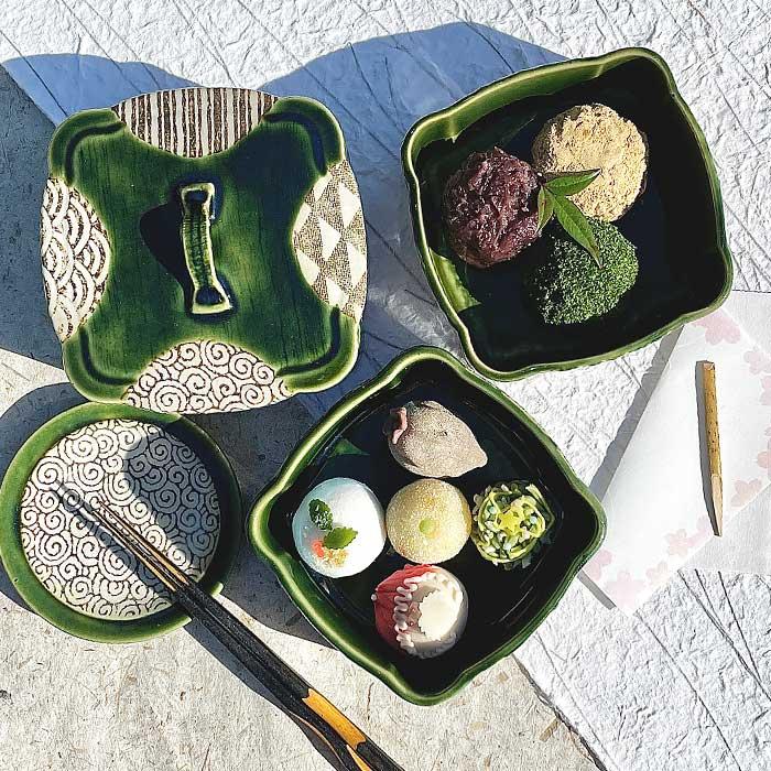 萌えみどり 織部段重 (大) 容器のみ 4寸 5寸 日本製 国産 瀬戸焼 段重