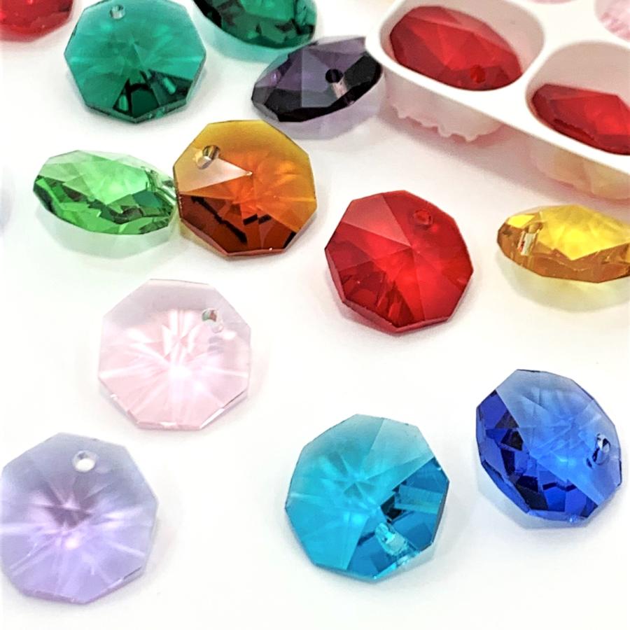 八角 1つ穴 14mm カラフル 10色 100個 クリスタルガラス ビーズ サン