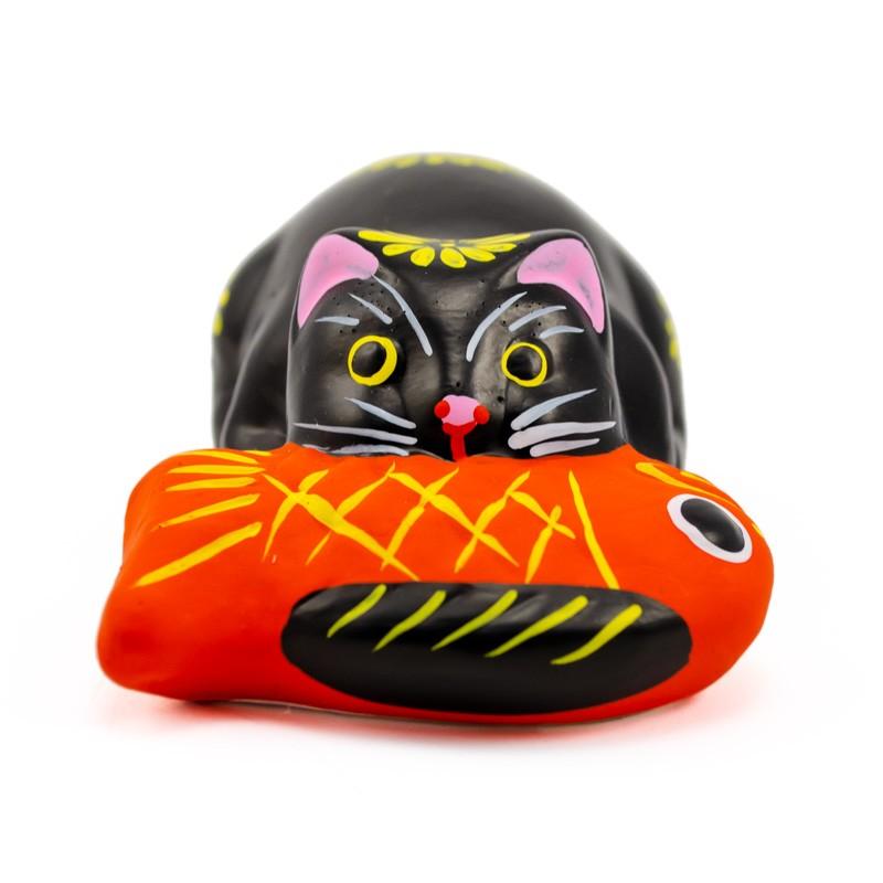 堤人形 つつみのおひなっこや 鯛引き寄せ猫 黒猫 幅8.5cm 和の