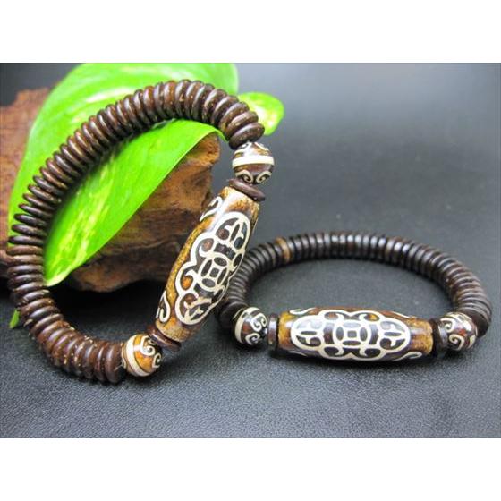 天珠ブレスレット 雙心銭幣天珠+薬師如意天珠 39×15mm+Φ10.2mm