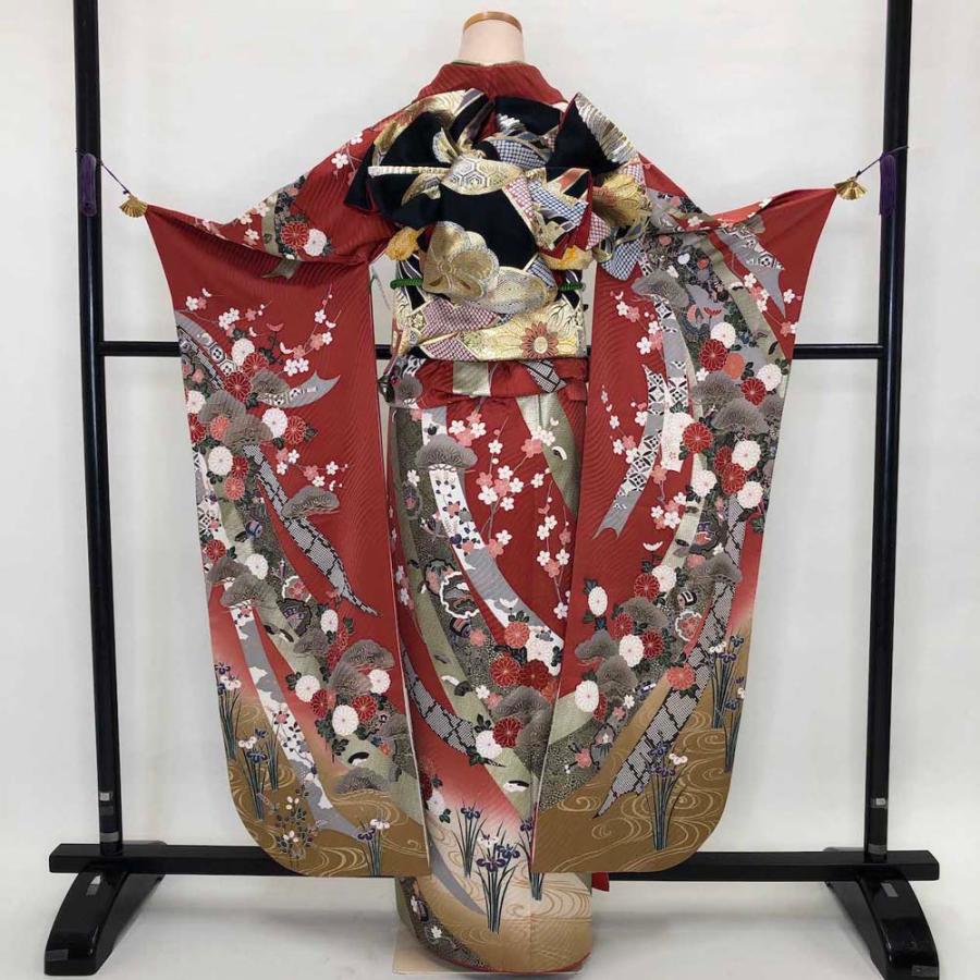 振袖5点セット 裄68cm 身丈170cm 熨斗目柄 振袖 帯 帯揚げ 帯締め 赤