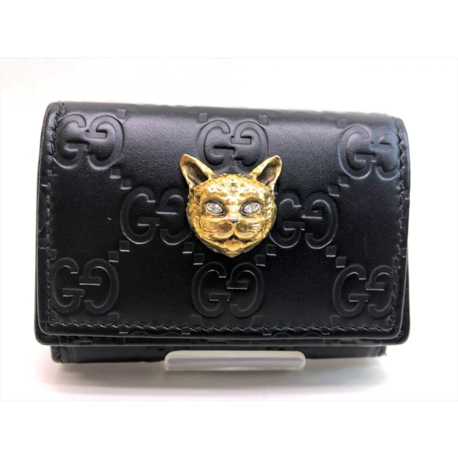 グッチ 財布 リネアキャット GG柄 シマ レザー 猫 黒 ミニ 二つ折り