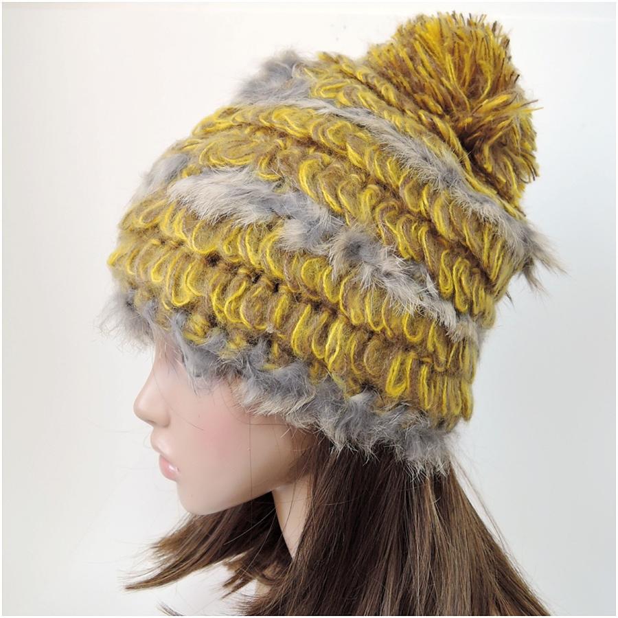 ラビットファー ニット帽 ポンポン付き 帽子 毛糸 グレー レッド