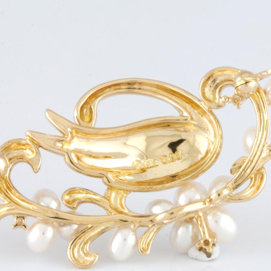 タサキ K18 ブローチ ダイヤモンド 0.03ct パール 白鳥 18金 K18