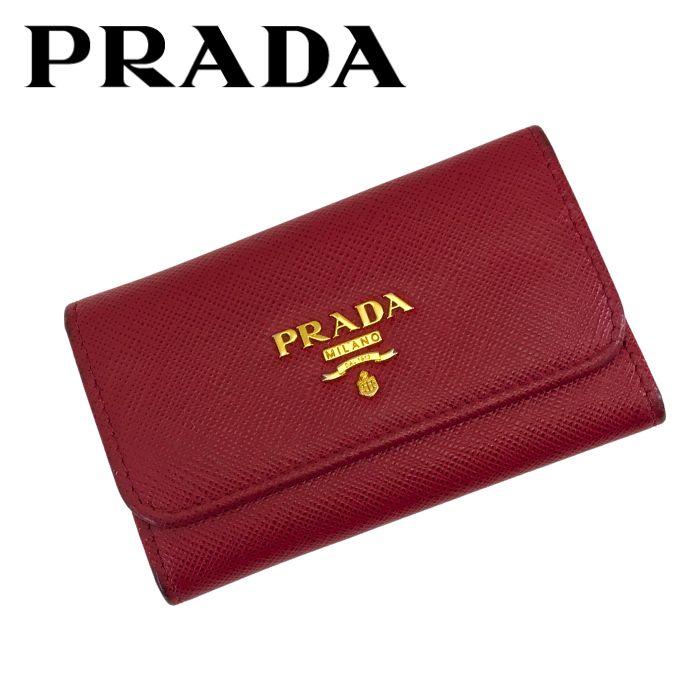 ネギラー油PRADA レア✨レザー キーケース6連/ブラック×レッド PRADA