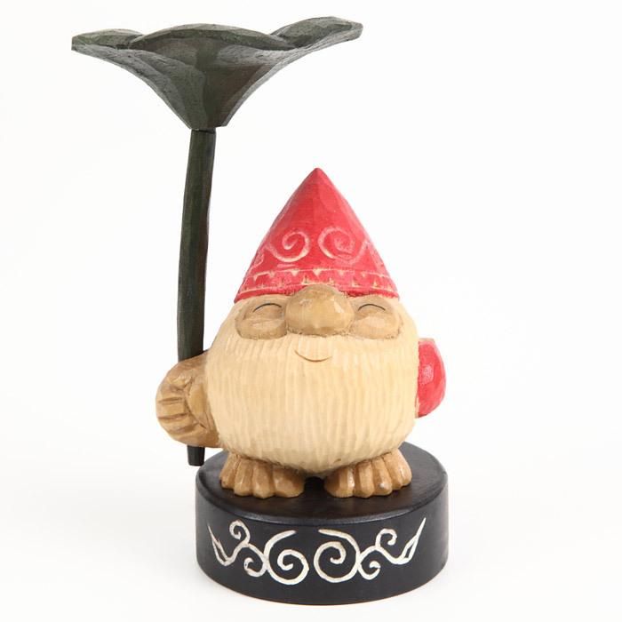 木彫り民芸品 幸せを呼ぶ小人の神さま コロポックル 台座付き 爺帽子赤