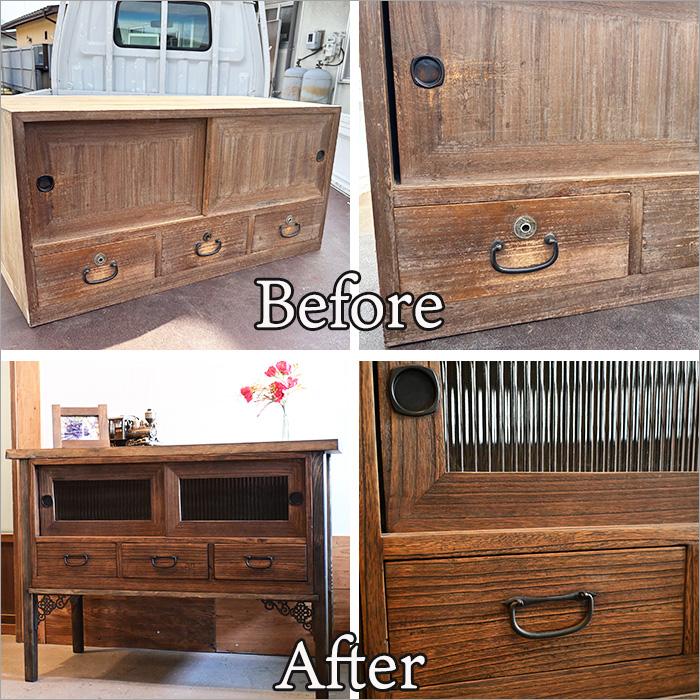 桐箪笥 リメイク チェスト 和箪笥 ガラスキャビネット 幅100cm 古家具