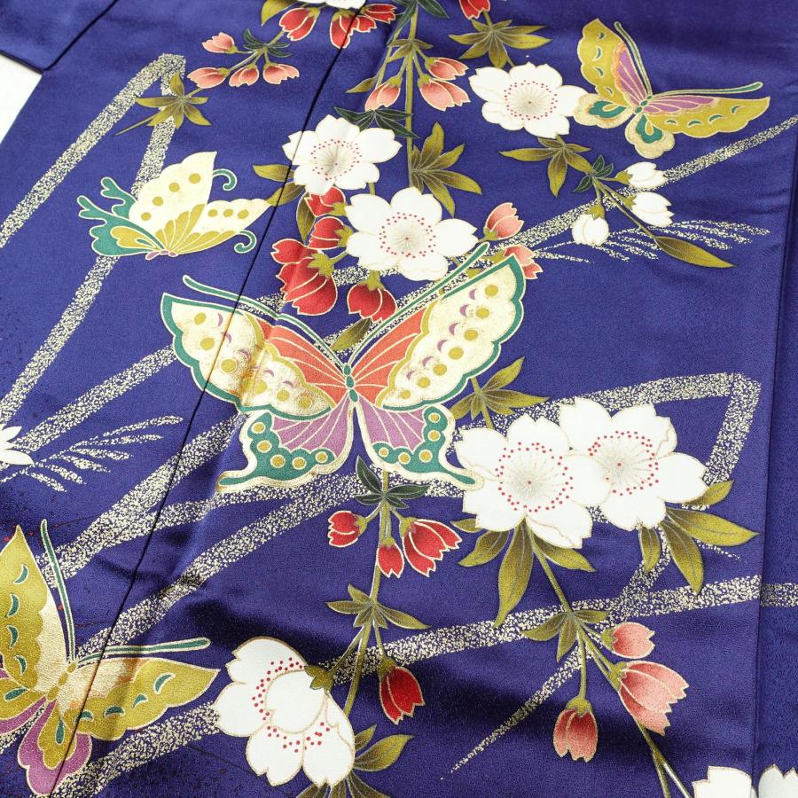 中古 振袖 正絹 蝶・昆虫柄 袷仕立て 身丈169cm 裄丈69cm 箔 金彩 青