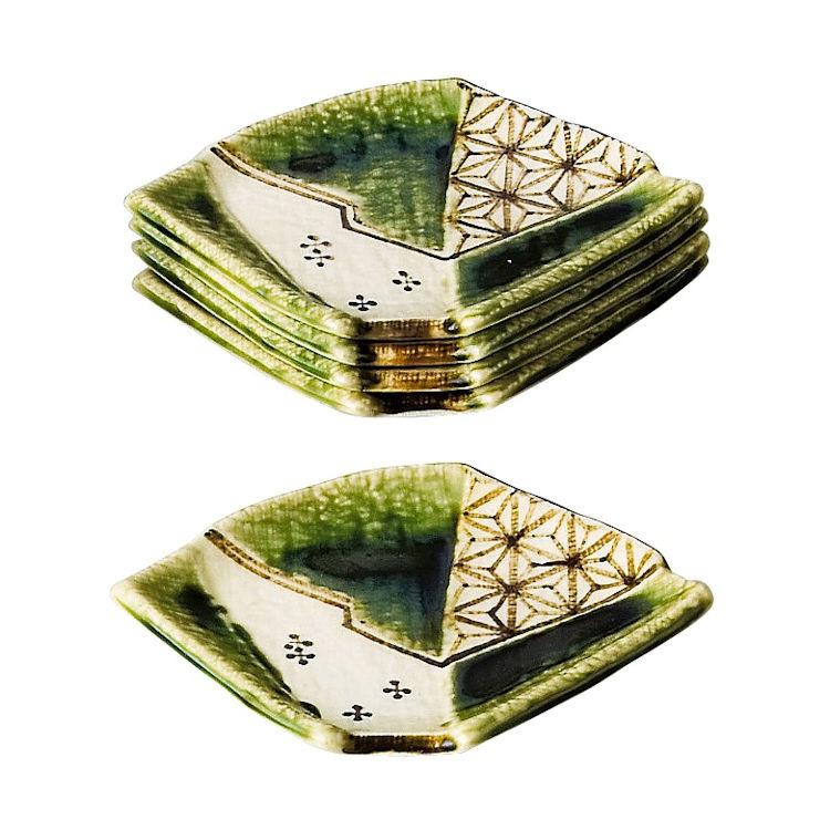 織部四方板皿 加藤作助作 5枚組 アンティーク加藤作助作の織部焼四方皿