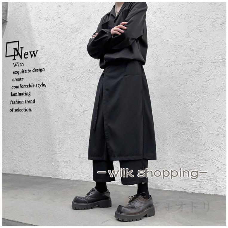 サルエルパンツ メンズ ワイドパンツ 重ね着風 メンズ黒パンツ ロック