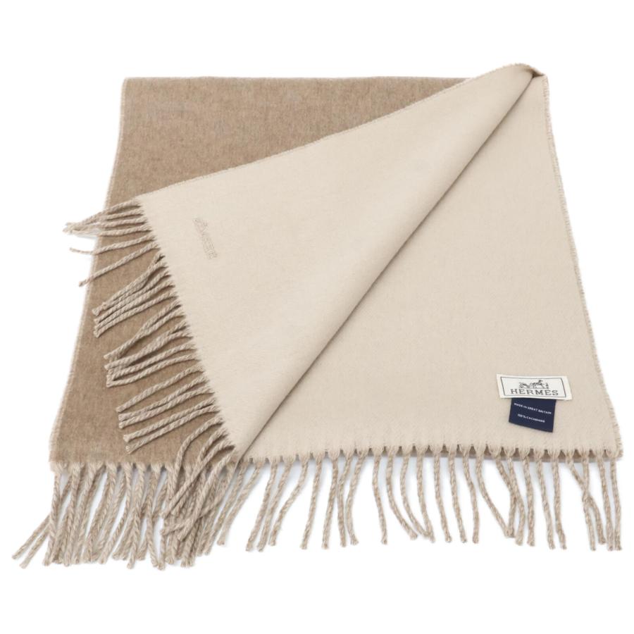 新品同様/ HERMES エルメス ロゴ刺繍 カシミヤ100% フリンジ マフラー