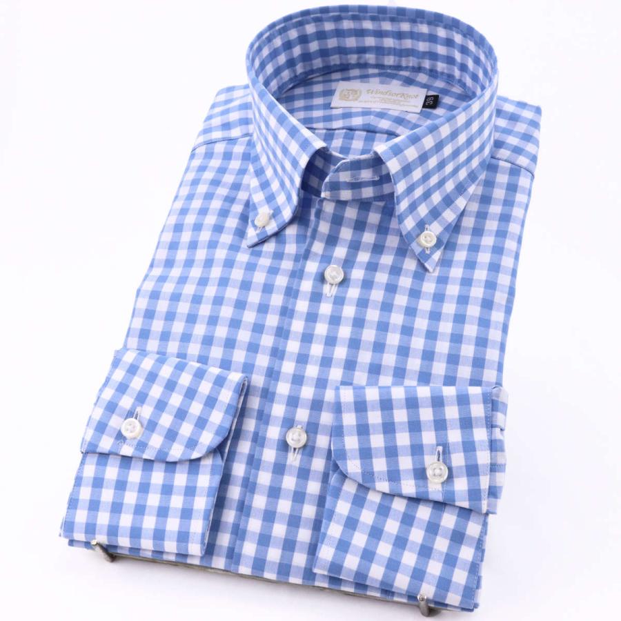 ワイシャツ ボタンダウン ギンガム チェック ブルー 青 綿100% 日本製