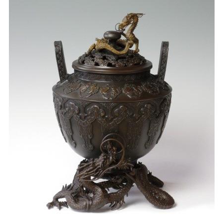 銅細工 龍蓋三足檀香炉 室内 薫香炉 香道具 装飾品 工芸品 美術品 銅製